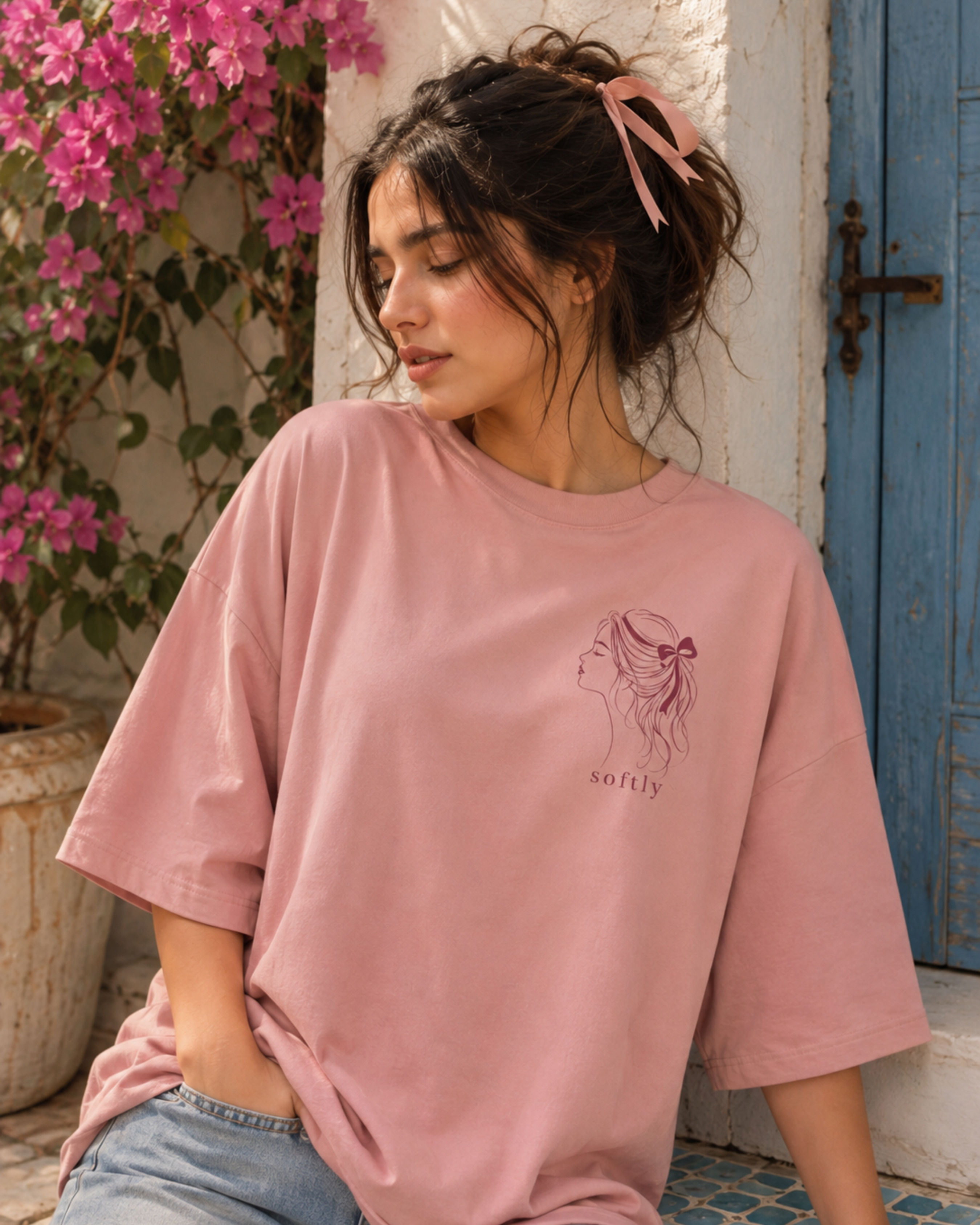 Softly Women’s Oversized T-Shirt – Elegant Girl Bow Graphic Tee
