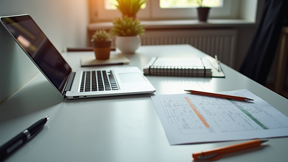 High angle view of an event planner’s desk with a laptop, calendar, and notes