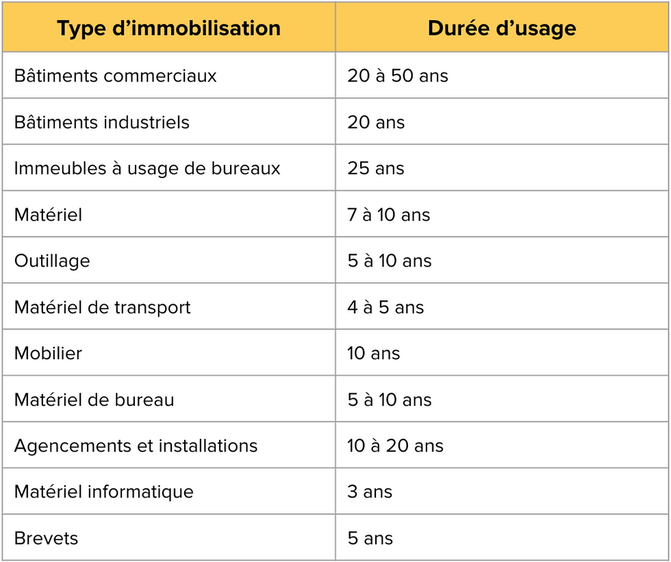 Durée d'usage pour différents types d'immobilisation