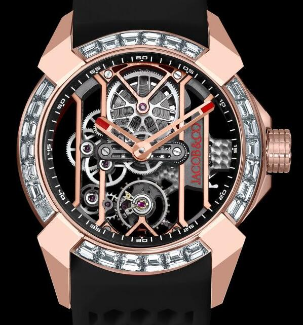 Jacob & Co. EPIC X ROSE GOLD BAGUETTE (BLACK NEORALITHE INNER RING) Watch Replica EX100.43.LD.AA.A content media