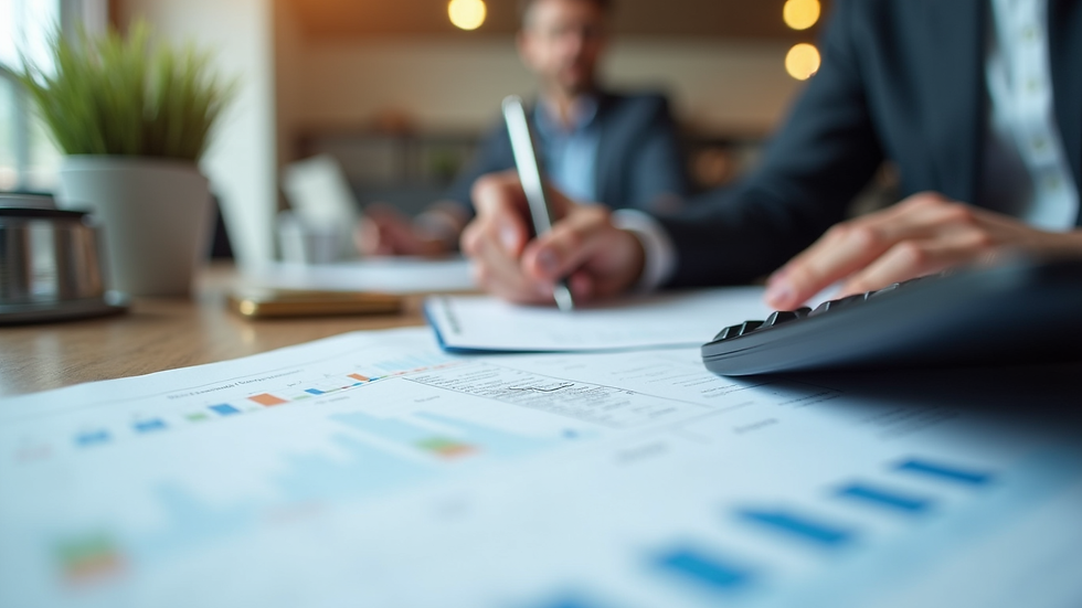 Eye-level view of a person reviewing financial documents with a calculator