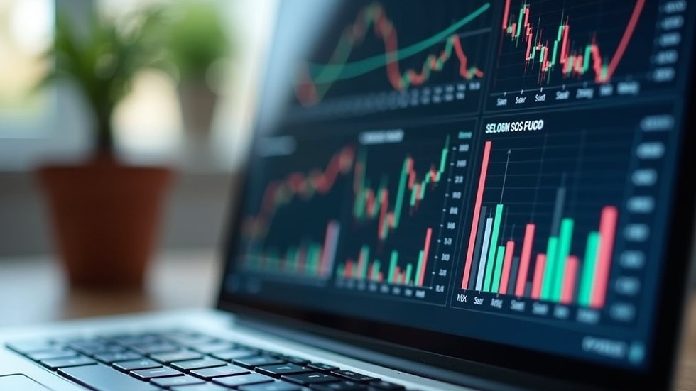 Close-up view of a laptop screen showing financial charts and graphs