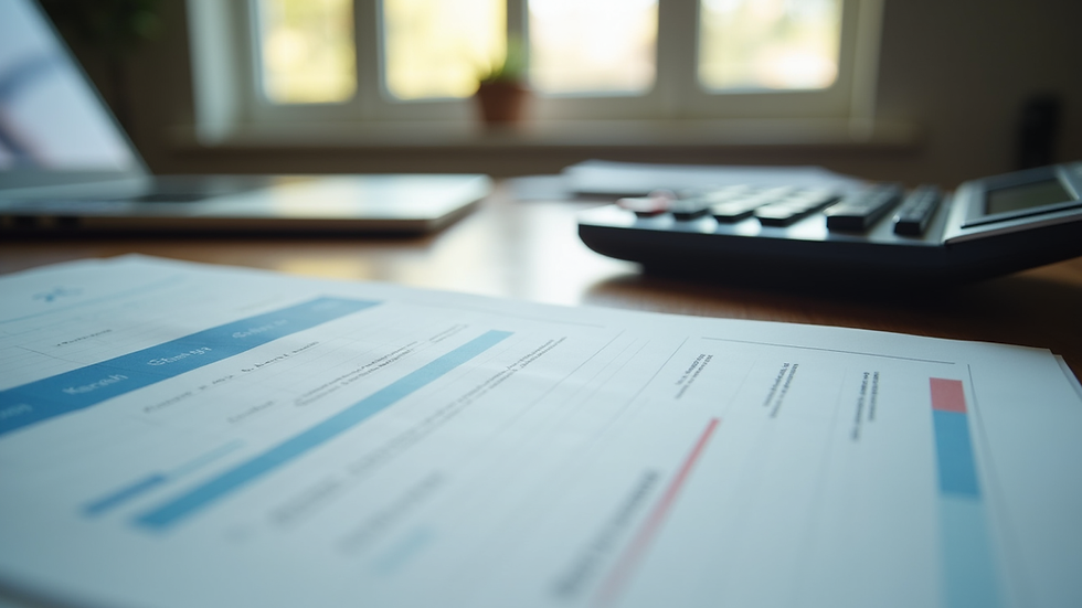 Eye-level view of a neat office desk with financial documents and a calculator