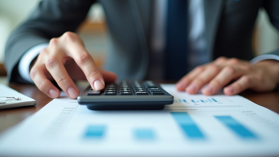 Close-up view of a professional reviewing tax documents with a calculator