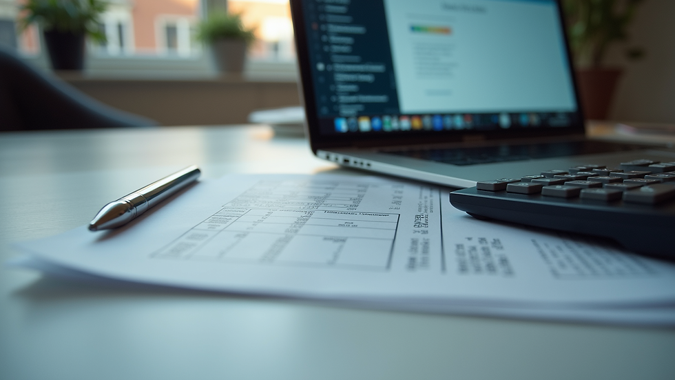 Eye-level view of a laptop screen showing tax forms and calculator on a desk
