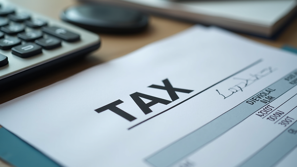 Close-up view of tax documents and a calculator on a desk