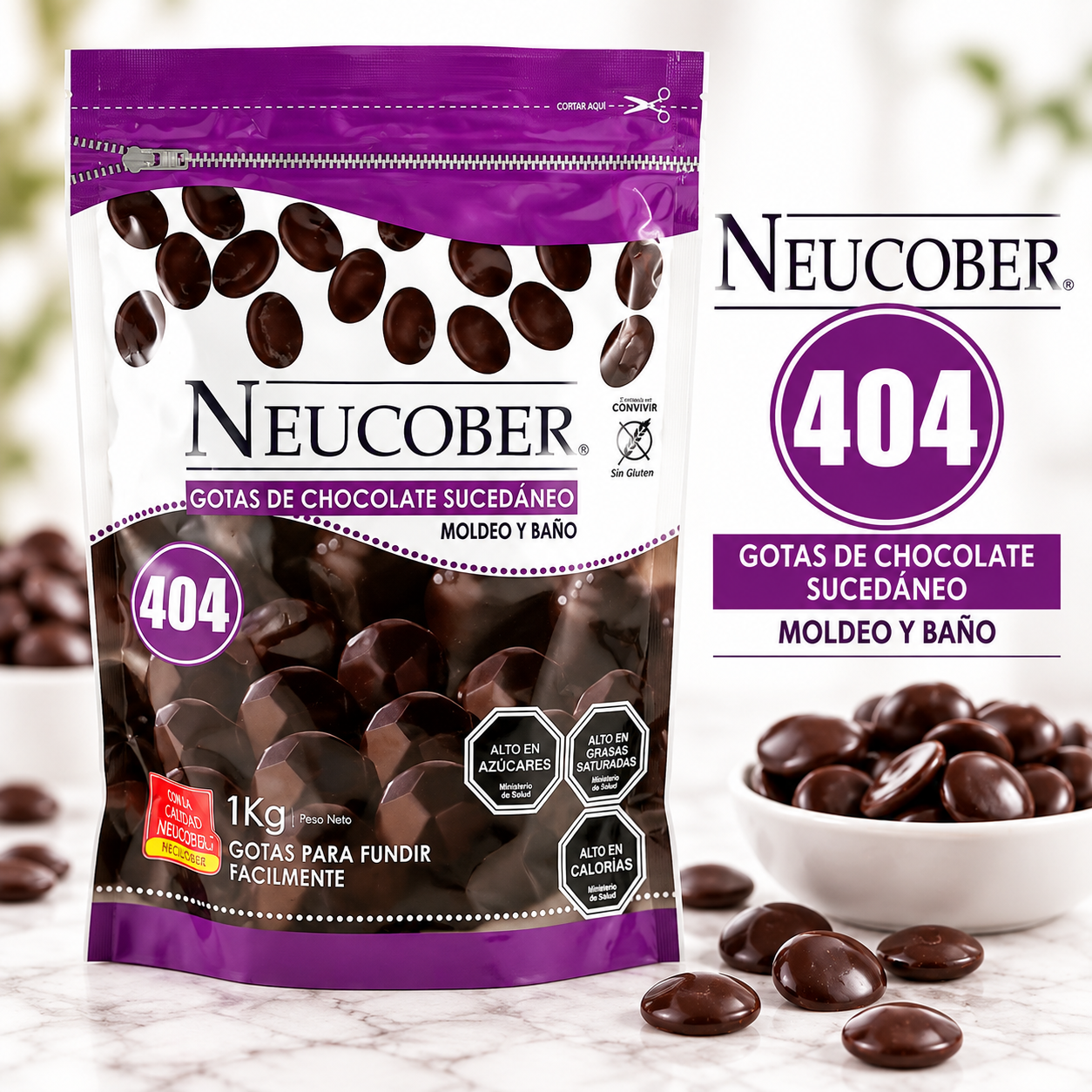 Neucober 404 1kg gotas de chocolate sucedaneo para moldeo y baño en bombones, figuras y preparaciones de reposteria