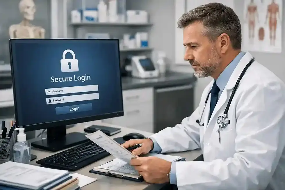 An online psychiatrist accessing a secure login system for protecting mental health patient data