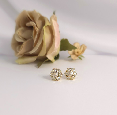Crystal Jeweled Flower 925 Sterling Silver Stud Earrings