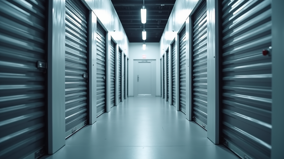 Eye-level view of a clean and secure self-storage unit with a closed door