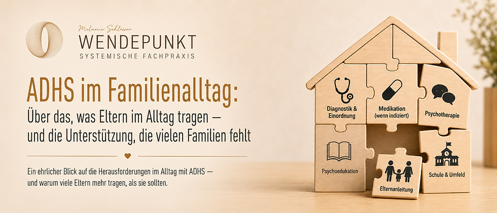 Holzhaus aus Puzzleteilen als Symbol für ADHS im Familienalltag, fehlende Elternunterstützung und multimodale Versorgung