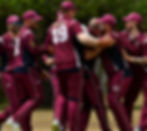 Cricket players in maroon uniforms celebrating together on the field.