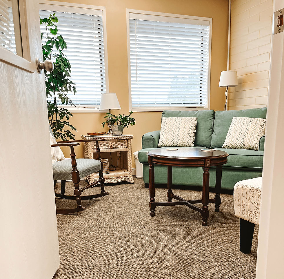 Eye-level view of a cozy room with chairs arranged for a support group meeting