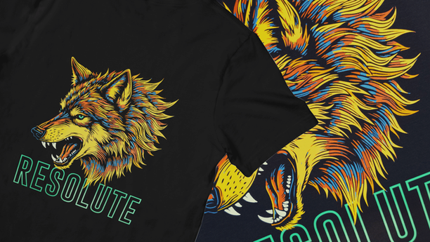 DTF printed black t-shirts featuring a stylized wolf design.