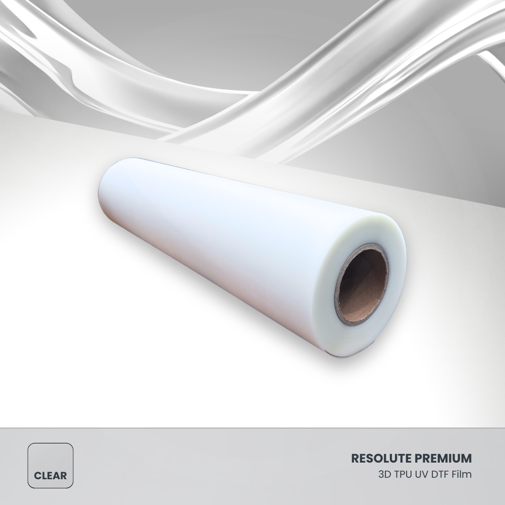 A roll of Resolute Premium 3D TPU UV DTF Film on a grey and white background