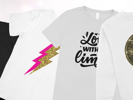 Promotional graphic for Disco Ready Tees and DTF Perfect Prints, showing four graphic tees over a blurred disco crowd.
