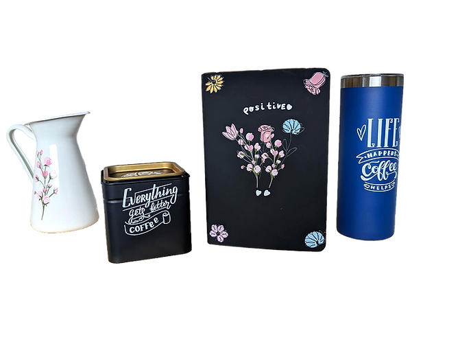 UV DTF printed pitcher, coffee tin, notebook, and tumbler