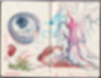 Sketchbook spread with surreal imagery of an eye, fish, and tangled tree roots in red and blue pencil, exploring symbolic and dreamlike themes.