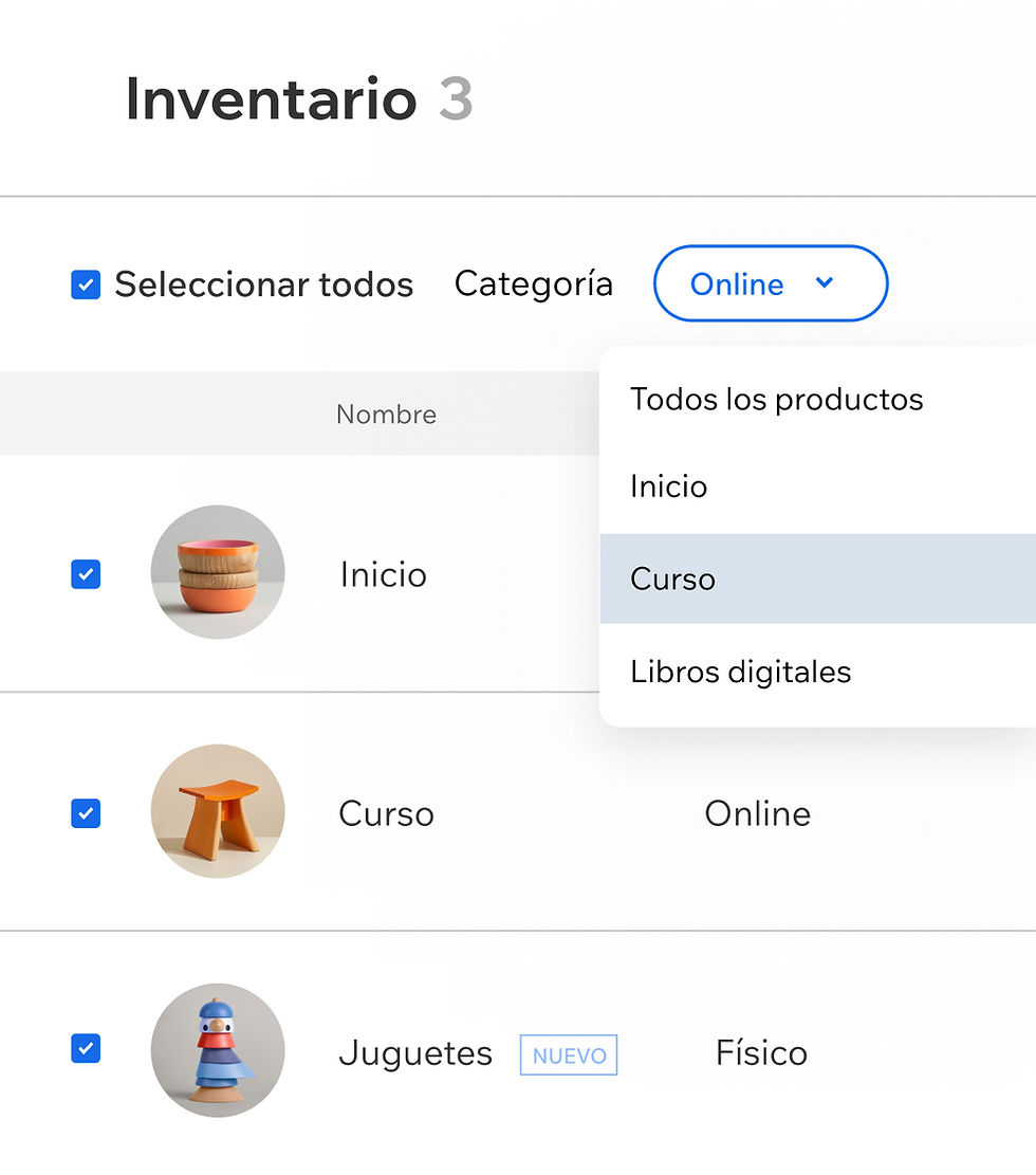 Pestaña de inventario de la tienda en línea.