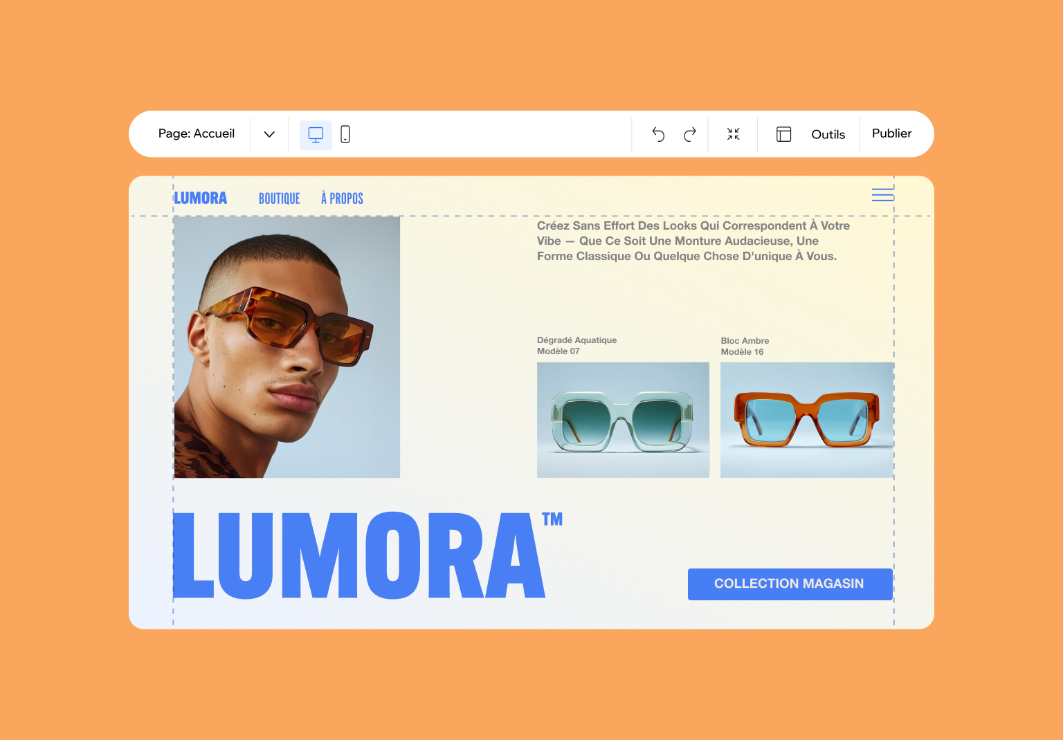 Un exemple de site web de magasin de lunettes de soleil construit sur un nom de domaine (https://fr.wix.com/nom-de-domaine) pas cher à l'aide de l'éditeur Wix.