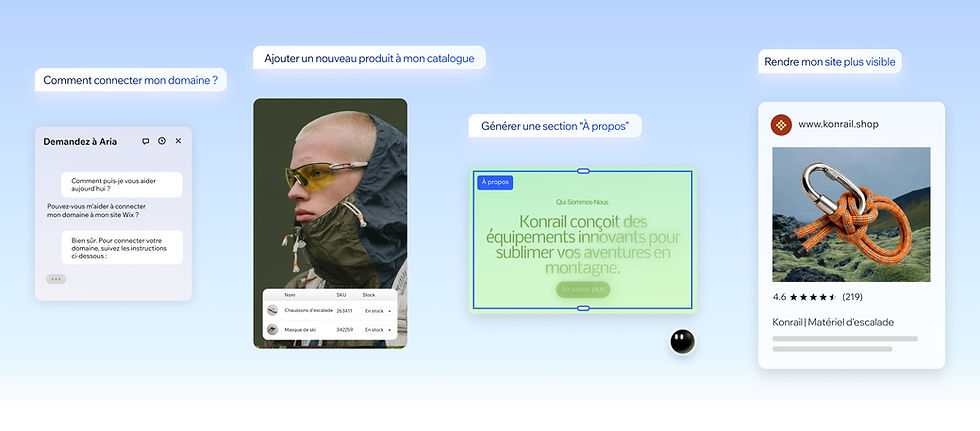 Une interface d'espace de travail numérique présentant divers éléments : une interface de chatbot pour aider à connecter un domaine, un outil de retouche d'images, un générateur de section “À propos” et un aperçu de site web de matériel d'escalade. Le ton est innovant et bienveillant, évoquant une gestion efficace de l'activité en ligne.