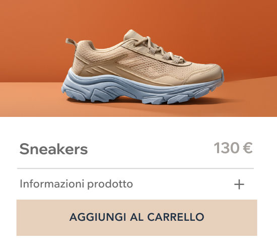 Una sneaker marrone chiaro con suola bianca visualizzata su un sito web eCommerce Wix con prezzo, recensioni e pulsante “Aggiungi al carrello”.