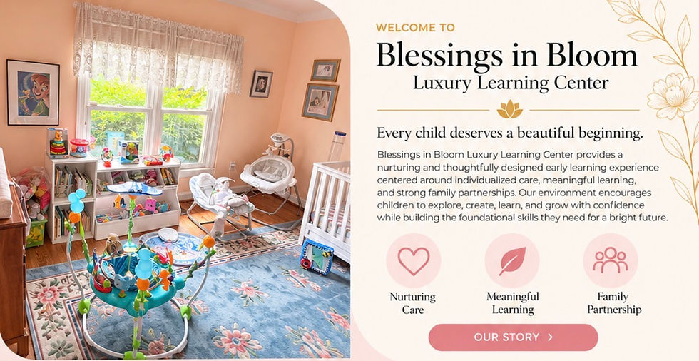 Wide landscape photo of a peach-colored nursery classroom with toys and a blue floral rug