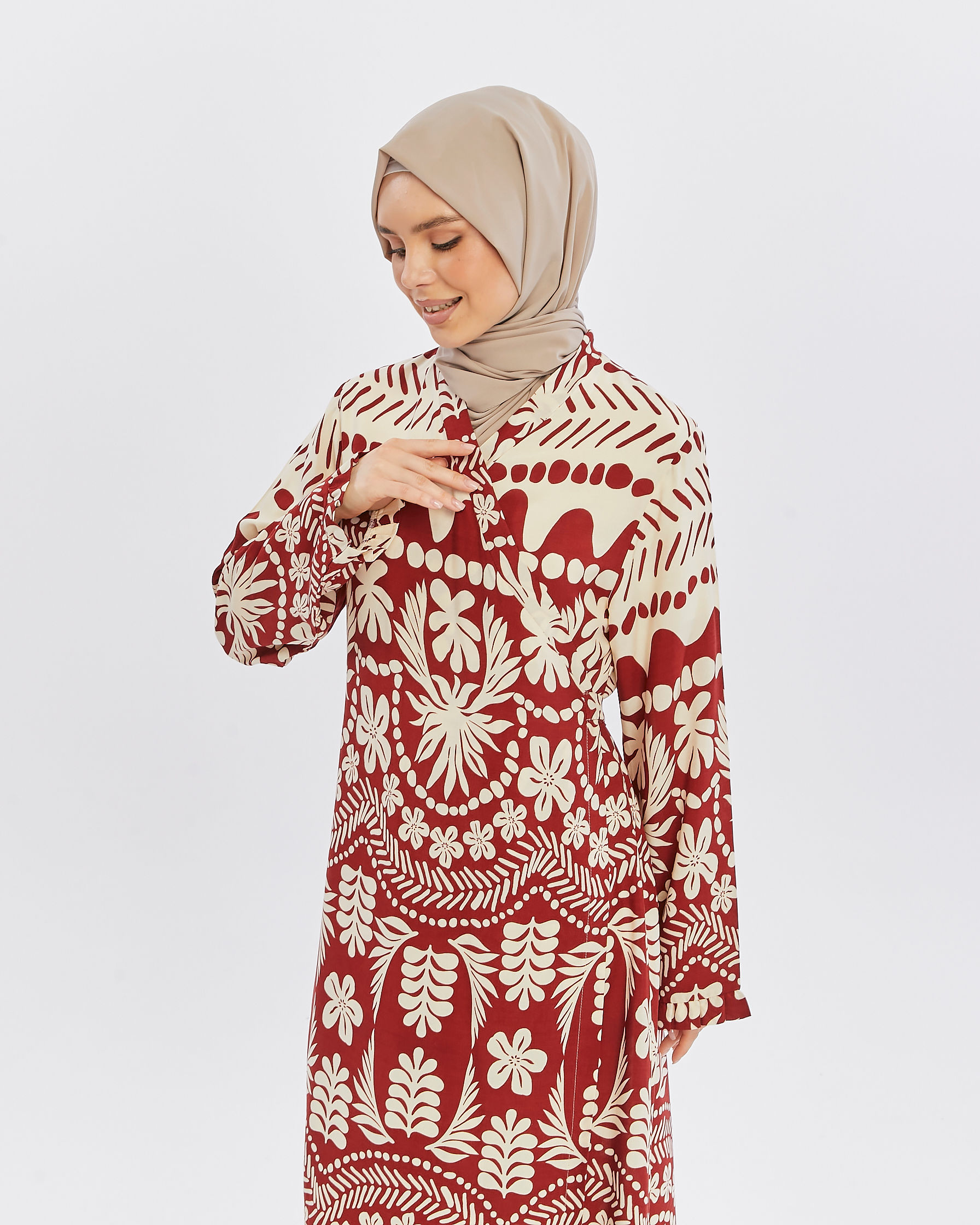 Bordo-Krem Pamuklu Viskon Ev-Namaz Elbisesi 