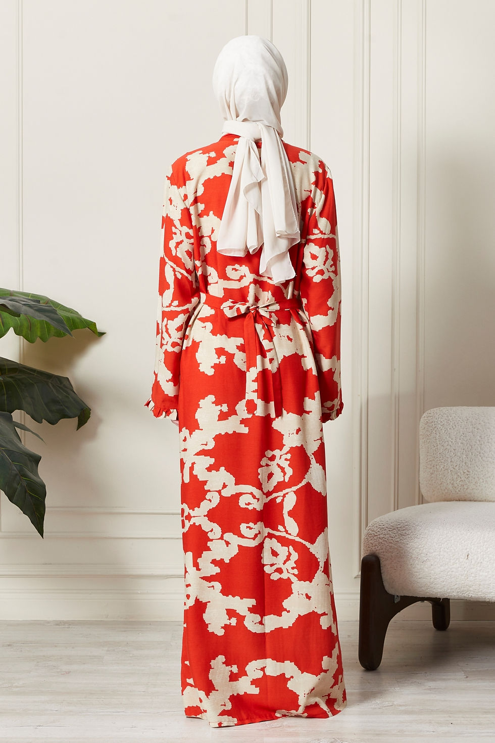 Küçük resim: Kırmızı-Krem Desenli Pamuklu Viskon Ev-Namaz Elbisesi 