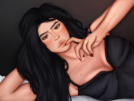 Ilustração da autora Jade Cohes, mulher de cabelo preto reclinada, com a mão nos lábios, usando blusa preta, em fundo escuro.