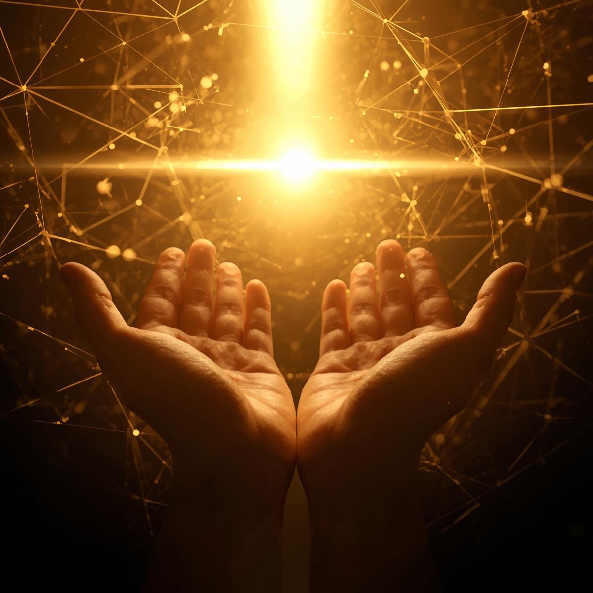 “Hands reaching toward golden light surrounded by geometric AI data lines, faith and techn