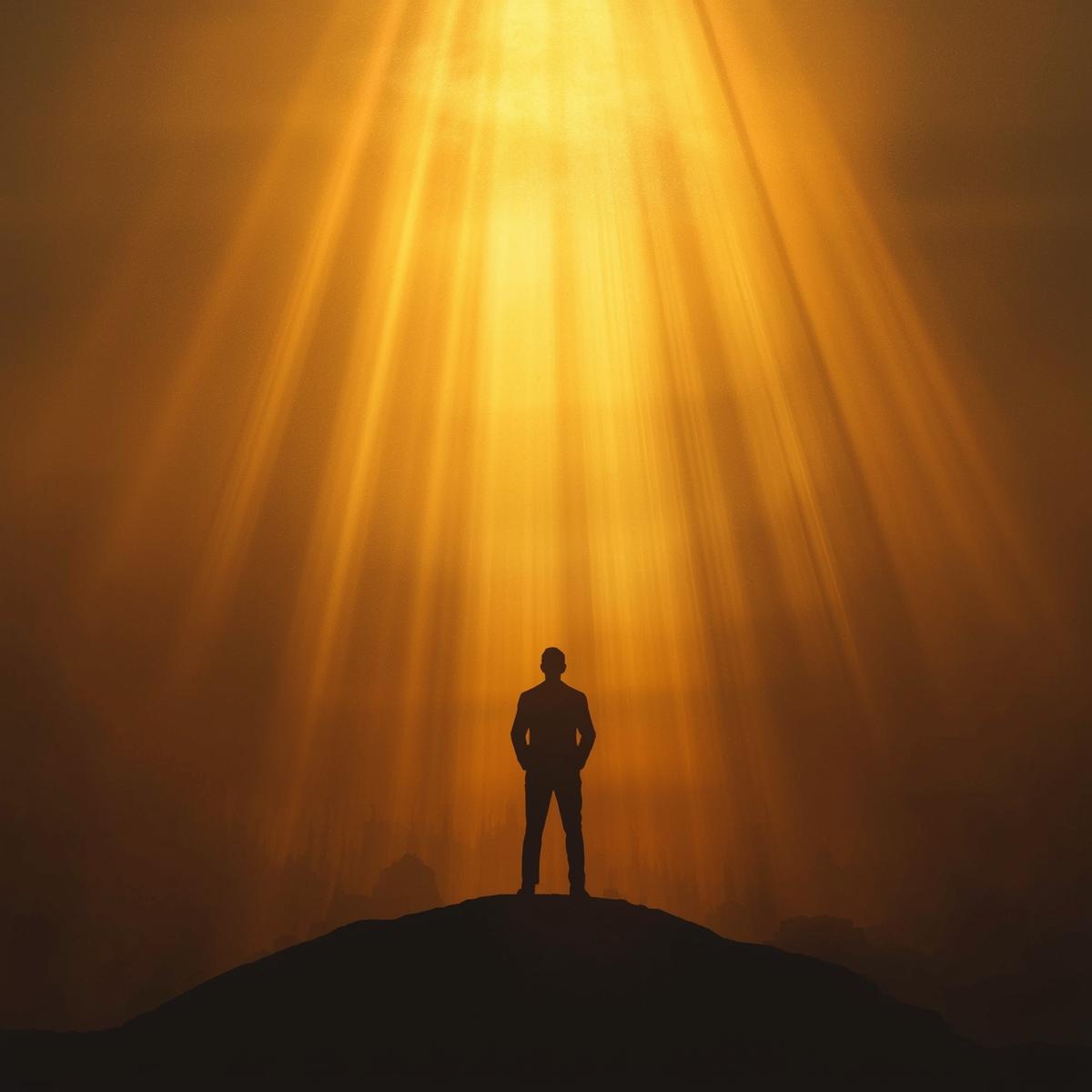 Silhouette of a confident leader gazing toward a golden horizon, illuminated by soft rays 