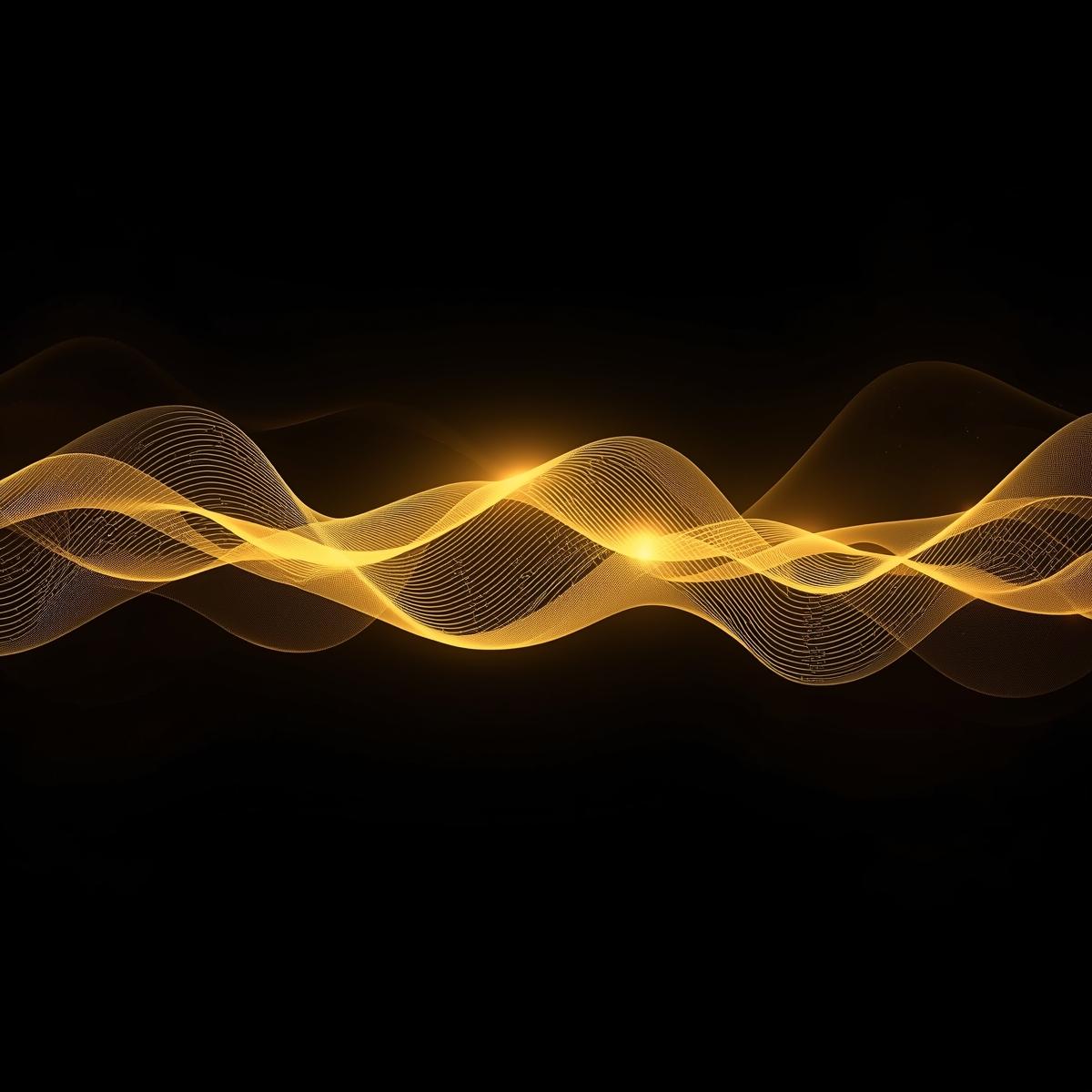 “Golden abstract data wave flowing across black background, symbolizing intelligence, inno