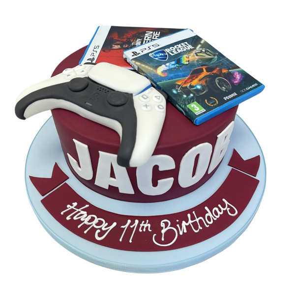 A vibrant and eye-catching PS5 gamer themed cake in your preferred colour scheme - perfect for a gamer's birthday celebration in the UK.
