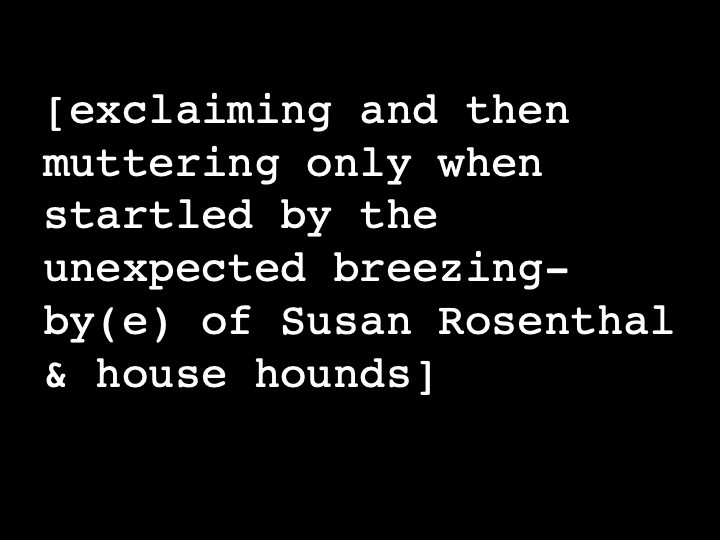 exclaiming and then muttering only when startled by the unexpected breezing-by(e) of Susan Rosenthal & house hounds