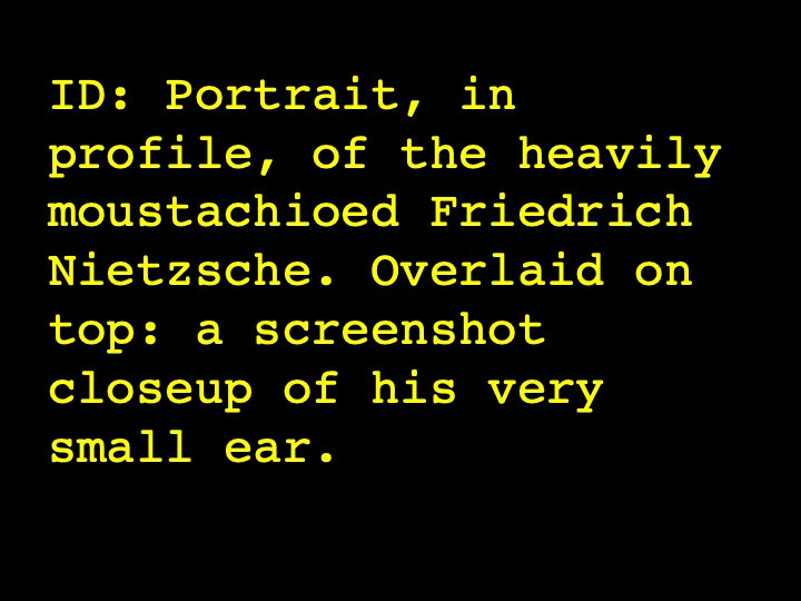 Portrait, in profile, of the heavily moustachioed Friedrich Nietzsche. Overlaid on top: a screenshot closeup of his very small ear