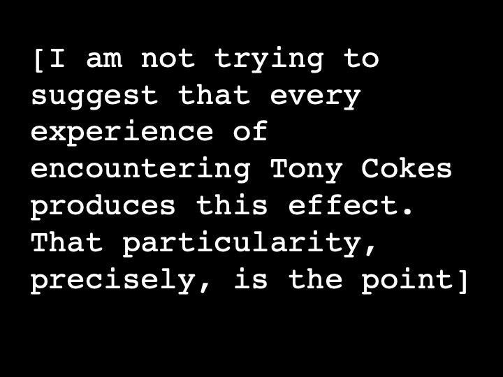 I am not trying to suggest that every experience of encountering Tony Cokes produces this effect. That particularity, precisely, is the point