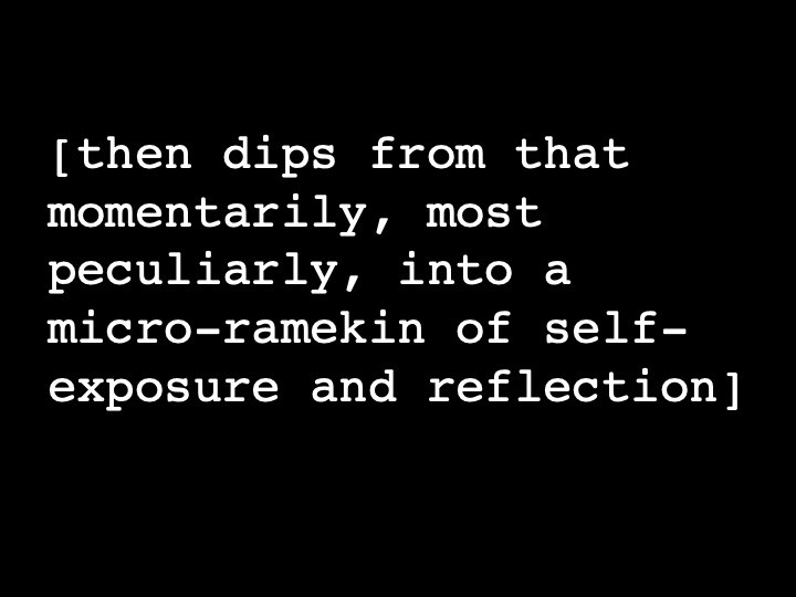 then dips from that momentarily, most peculiarly, into a micro-ramekin of self-exposure and reflection