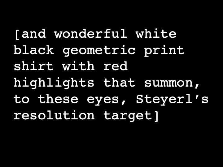 and wonderful white black geometric print shirt with red highlights that summon, to these eyes, Steyerl’s resolution target