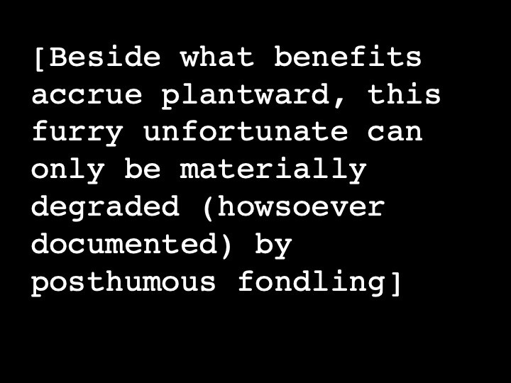 Beside what benefits accrue plantward, this furry unfortunate can only be materially degraded (howsoever documented) by posthumous fondling