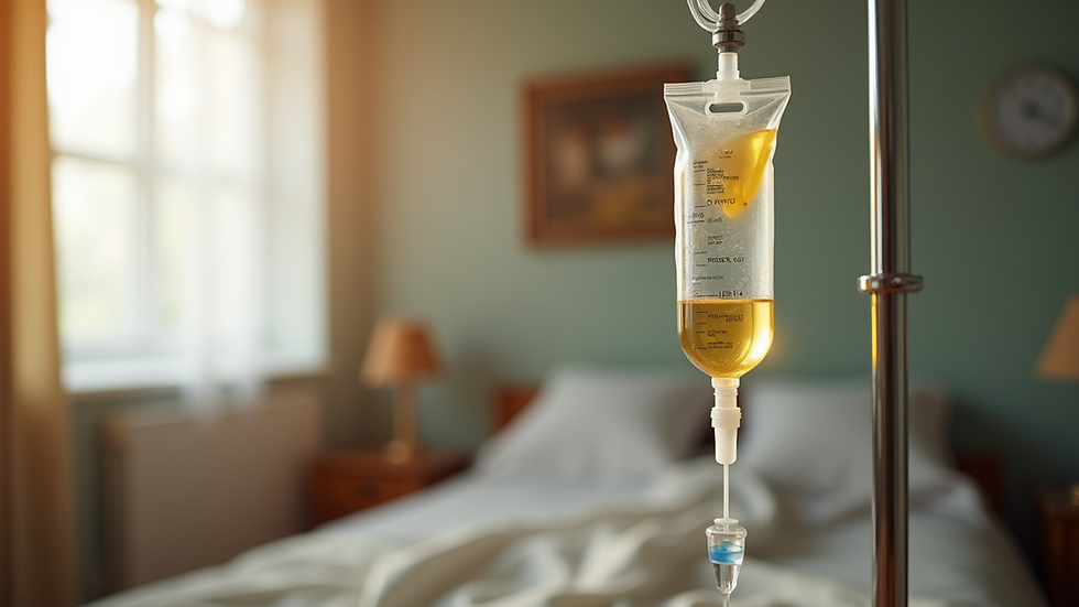 Eye-level view of a mobile vitamin infusion setup with IV bag and infusion pump in a cozy home setting