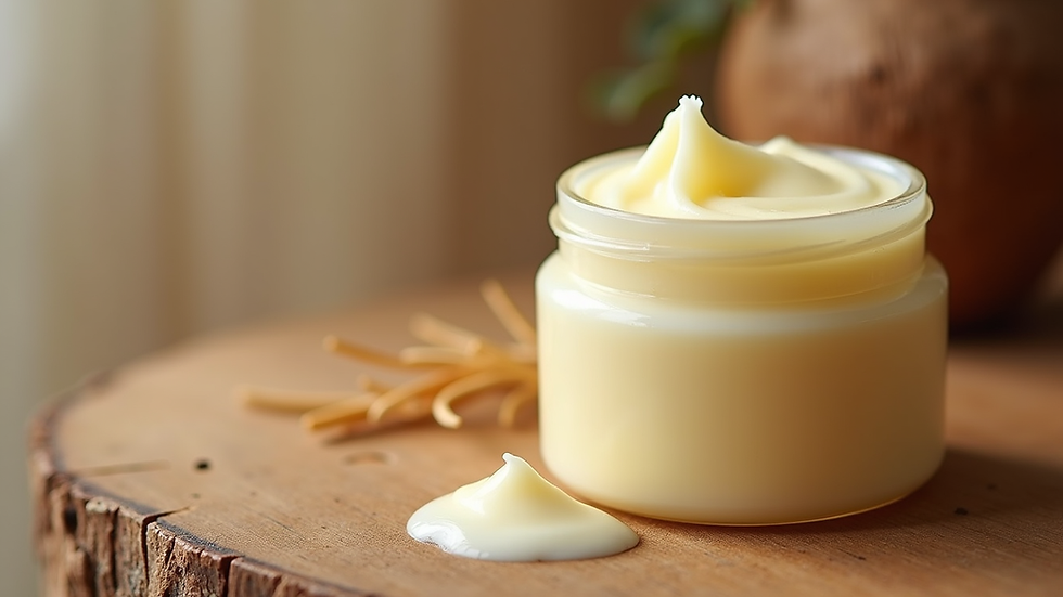 Close-up view of a jar of natural shea butter cream on a wooden surface