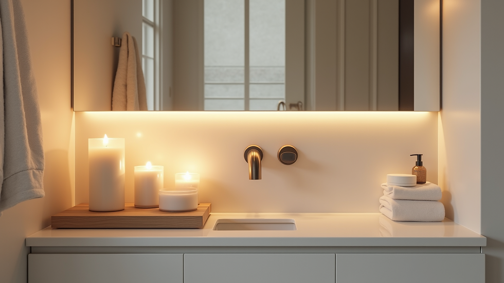 Eye-level view of a serene bathroom shelf with candles and skincare essentials