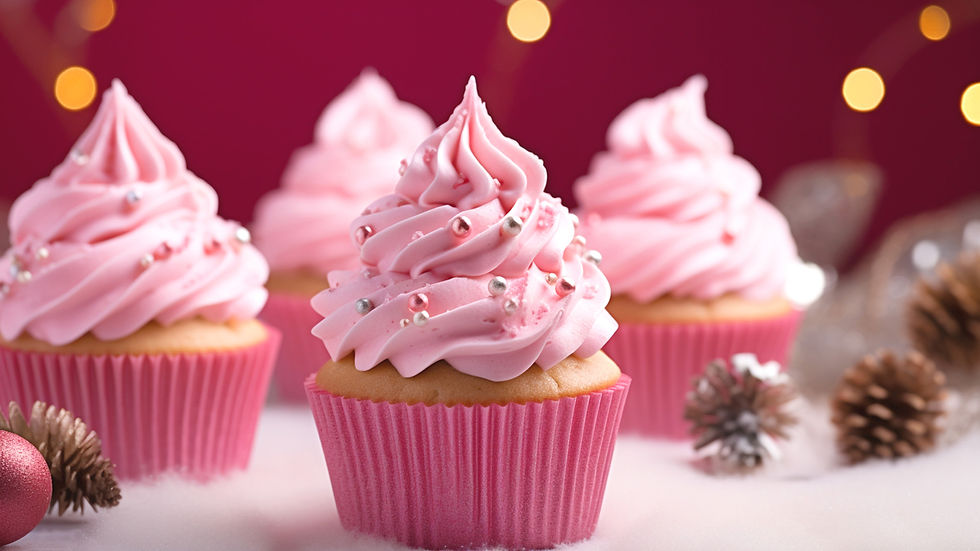 Pink cupcakes with frosting piled high surrounded by lights, artificial snow, pinecones and pink Christmas ornaments.