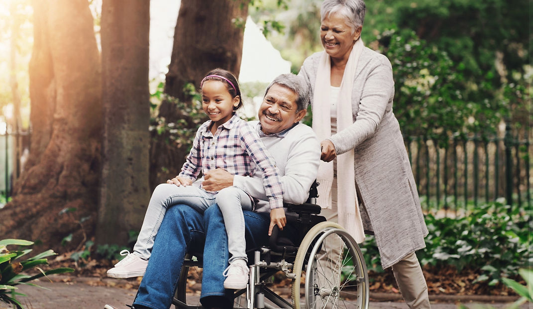 grandparents-child-park-with-senior-man-wheelchair-support-bonding-fun-morning-travel-smil