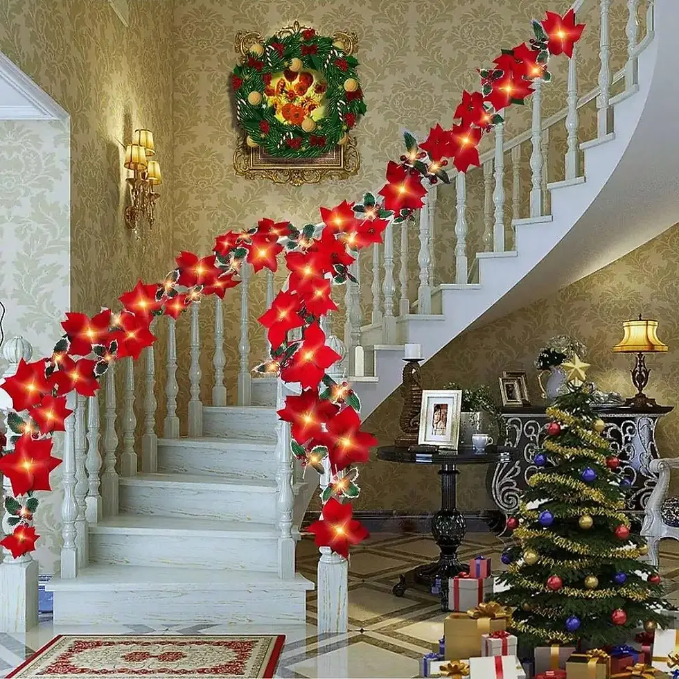 Guirlande de noël en poinsettia rouge avec lumière intégré à batterie 2XAA