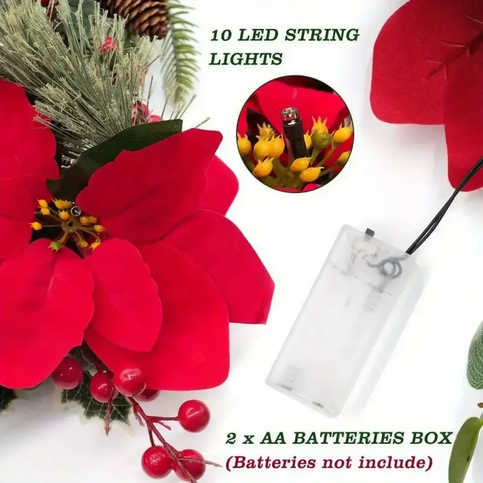 Guirlande de noël en poinsettia rouge avec lumière intégré à batterie 2XAA