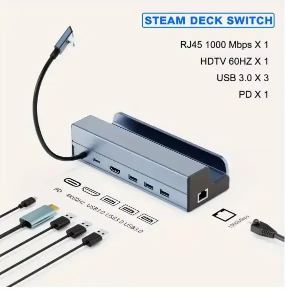 Miniature : Station d'acceuil pour Steam Deck 6-en-1 4K HDMI 2.0 Gigabit LAN 3x USB 3.0 60W