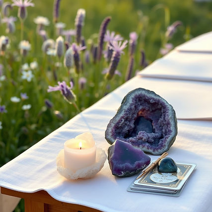 soul healing, massage table, outside field flowers, daytime, amethyst , quartz, tourmaline