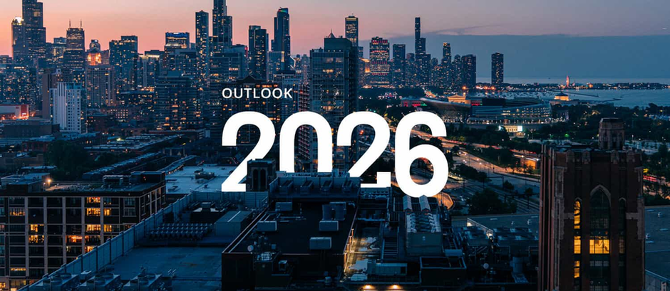 2026 Indiana commercial real estate outlook graphic showing a modern city skyline at dusk representing future CRE market trends.